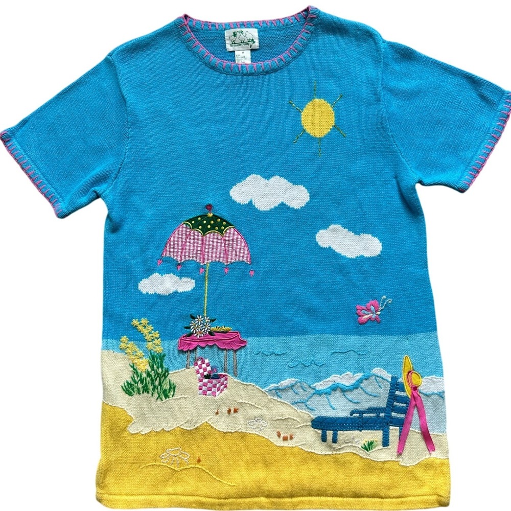 VTG 90s Y2K Quacker Factory Beach Scene Knit Sweater M Blue 3D Novelty Beachcore